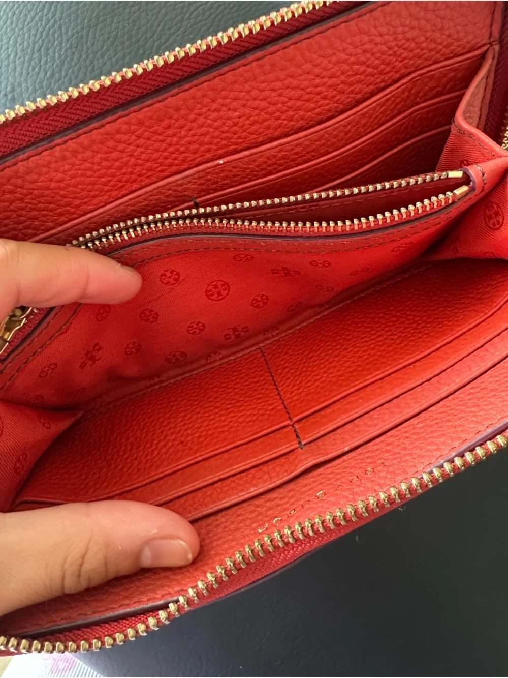 Tory Burch Red Pebbled Leather Zip Wallet with Logo